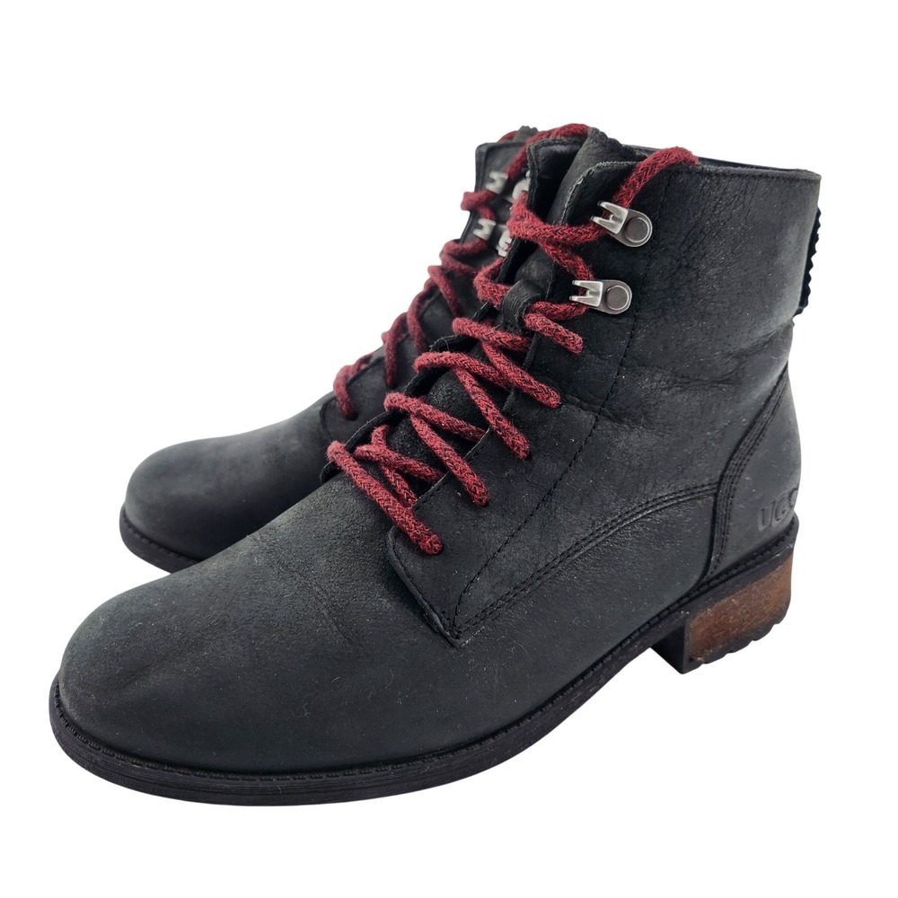 UGG Denhali Leather Hiker Boots Size 9 Black Shearling Lined Red Laces‎ Gorpcore